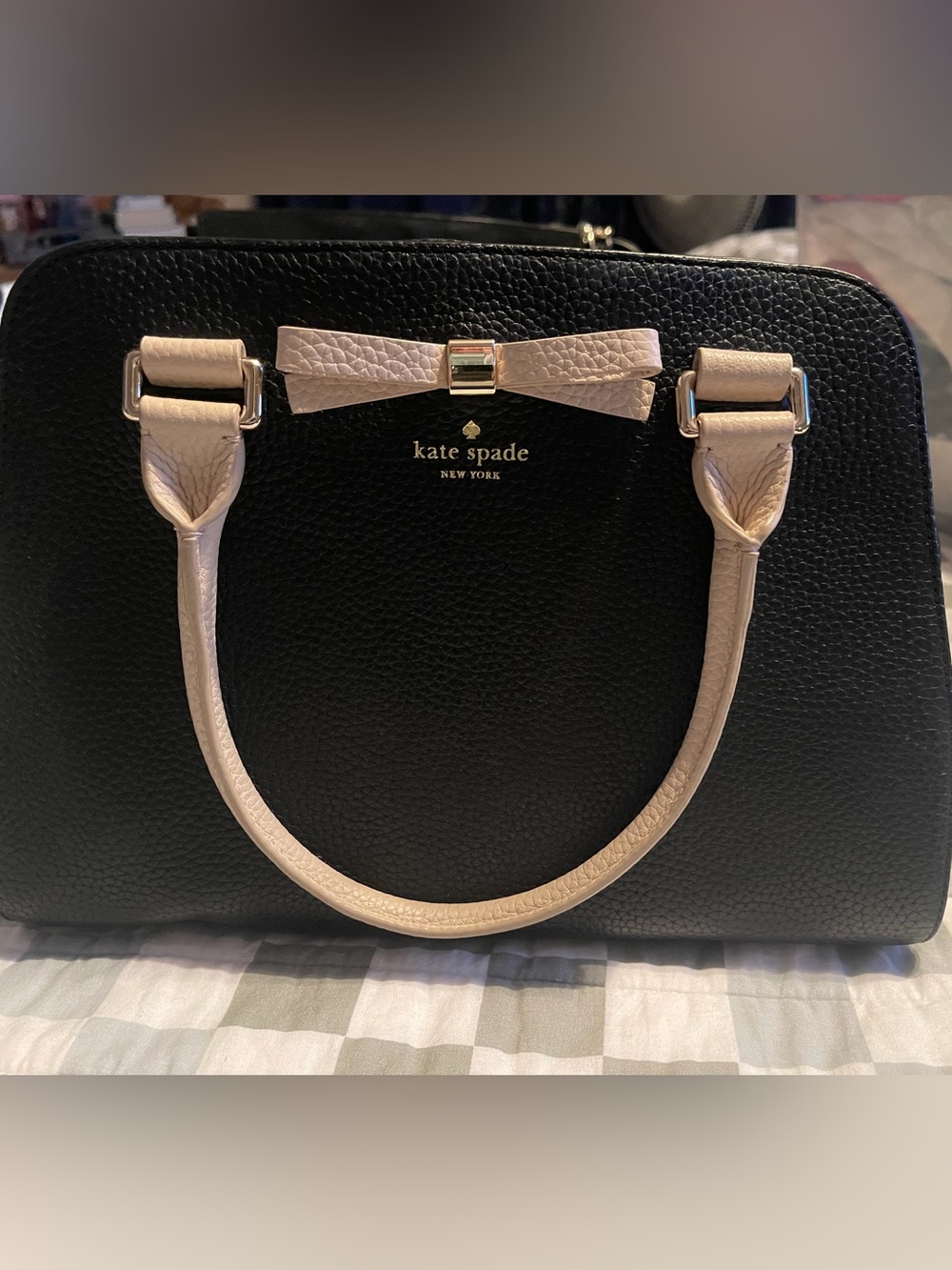 kate spade Black Leather Satchel with Cream Bow-Accent Handles